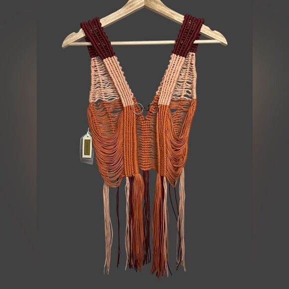 Oropendola FP Macrame Women’s Top Fringe Sleeveless V Neck Statement Piece Small - Picture 3 of 6